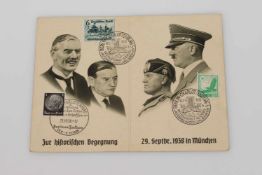 Klapp-Postkarte III. Reich, zum "Münchner Abkommen" 1938, mit den Abbildungen von Arthur Neville