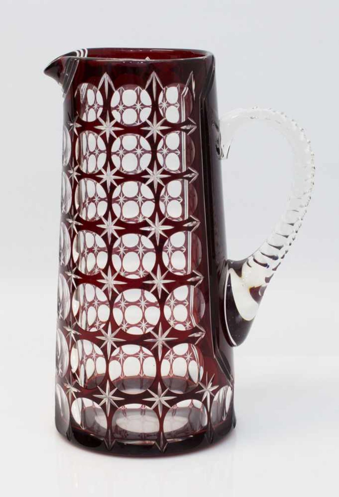 WasserkrugBöhmen um 1900, farbloses Glas rubinrot überfangen, handgeschliffener Linsen- u.