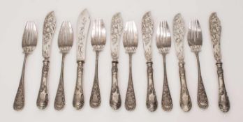 Fischbesteck für 6 Personenum 1900, deutsch 800er Silber, auch die 5 Messerklingen (1 x Christofle),