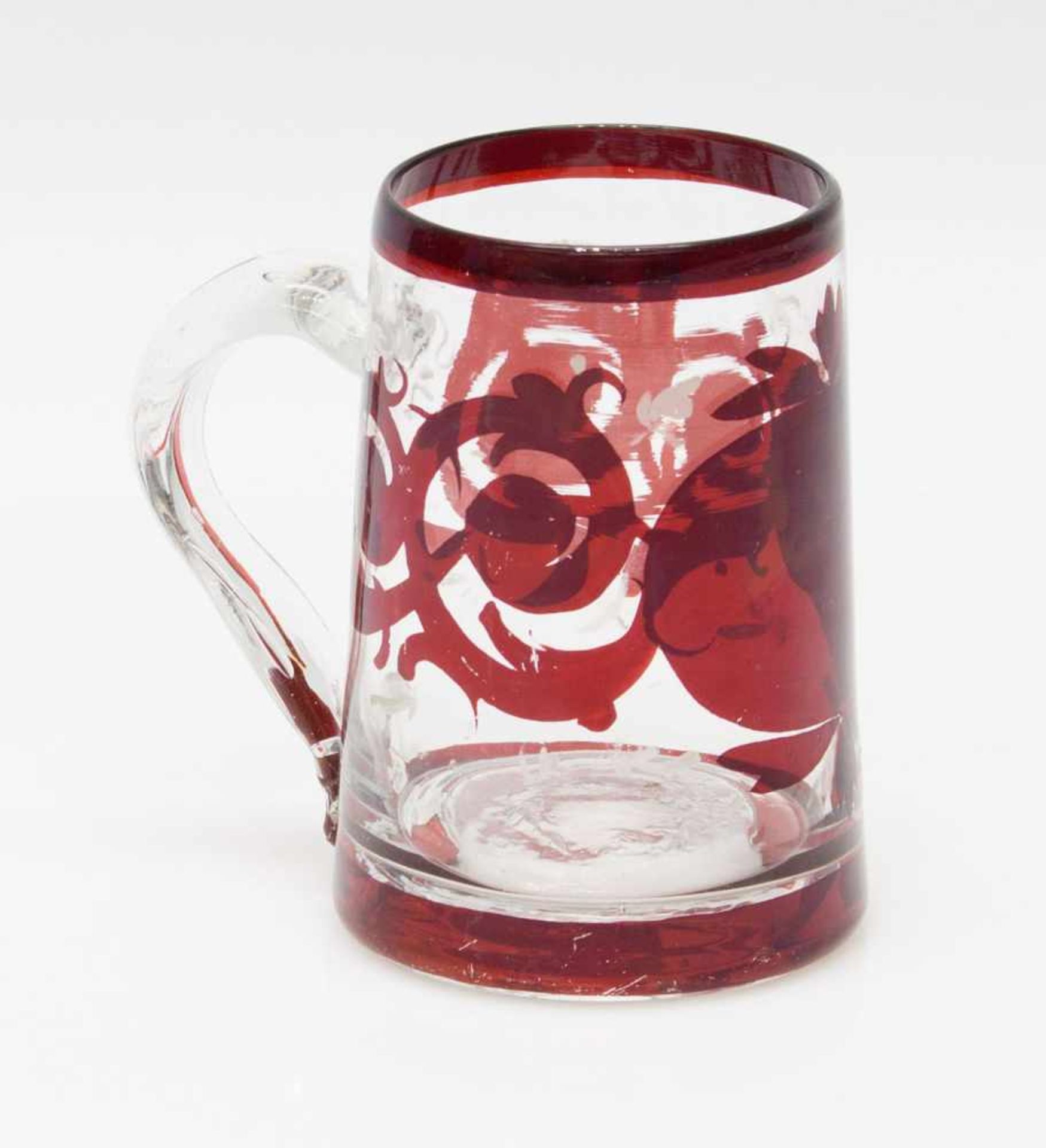 HenkelglasBöhmen um 1830, mundgeblasenes Klarglas mit Rotätze staffiert, angesetzter Henkel,