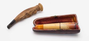 2 antike ZigarrenspitzenTon u. Meerschaum mit Bernsteinmundstück