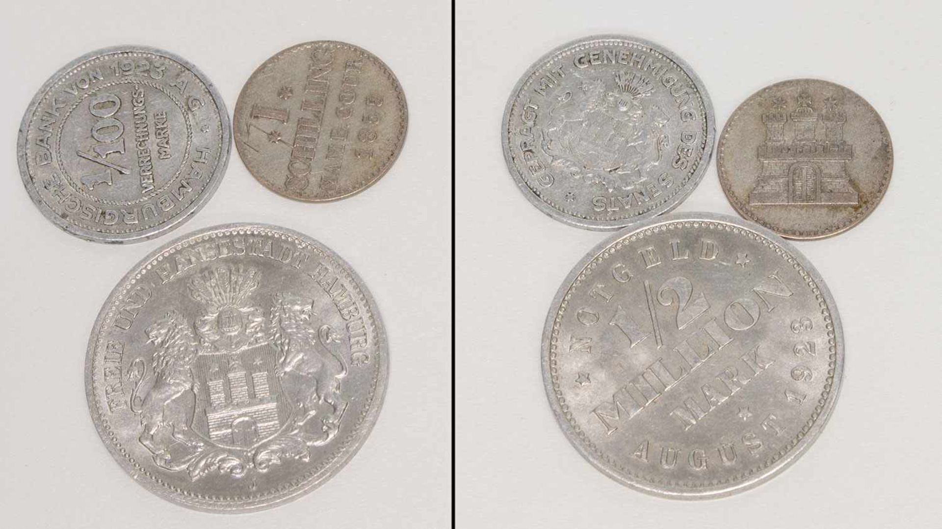 Lot MünzenHamburg, 2 x Notgeld 1923, 1 x 1 Schilling 1855, Silber