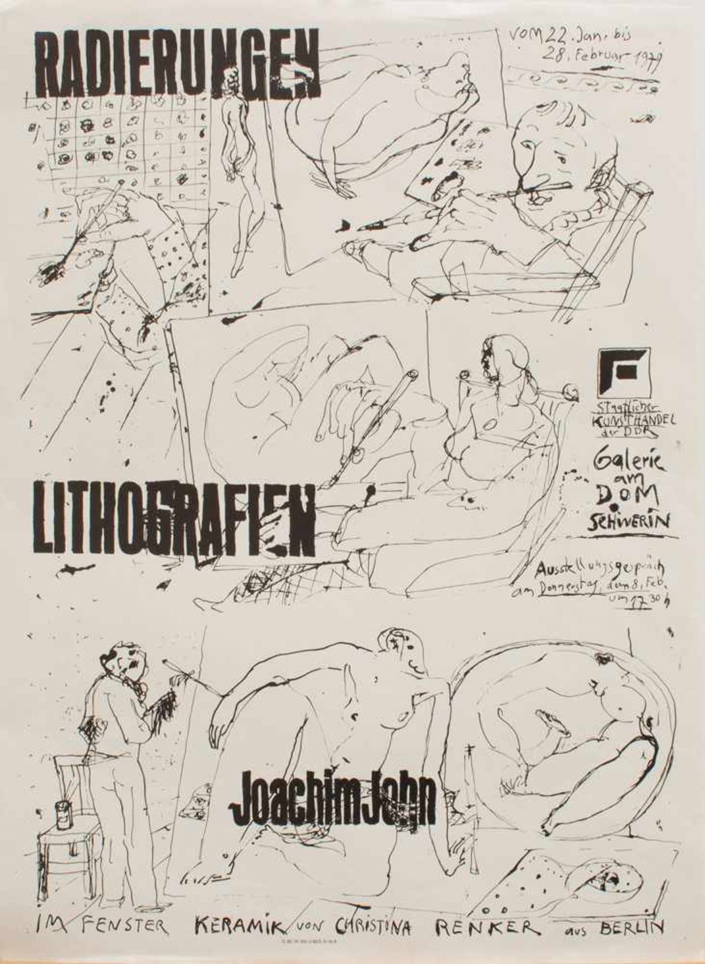 Ausstellungsplakat"Radierungen und Lithografien Joachim John", Galerie am Dom Schwerin 1979, 63 x 45