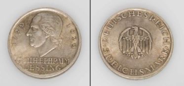 5 ReichsmarkWeimarer Republik 1929 A, Gotthold Ephraim Lessing, Silber