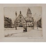 Rudolf Poeschmann, Plauener Altmarkt im Winter Blick über den verschneiten Marktplatz, mit dem König