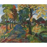 Fredo Bley, "Landstraße im Herbst" bunt verfärbte herbstliche Allee vorm Dorf, pastose, expressive