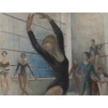 Prof. Klaus Zürner, attr., Ballettszene junge Frauen beim Balletttraining in lichter Turnhalle,