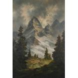 M. Rudolph, Hochgebirgslandschaft sommerlicher Blick, zwischen Fichten hindurch, auf imposante