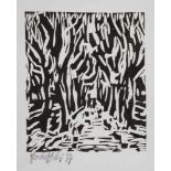 Fredo Bley, Baumallee expressive vogtländische Landschaft, Linolschnitt, links unter der Abbildung