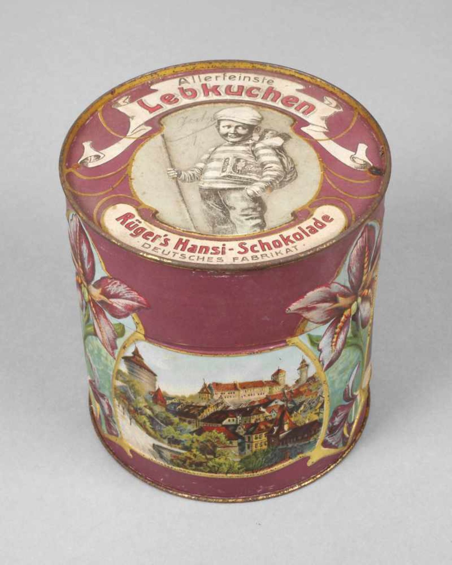 Werbedose Rüger um 1900, Herstellervermerk Felix Lasse Leipzig, Weißblech geprägt und mehrfarbig