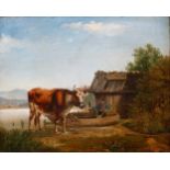 Stier mit Bauern am Tegernsee idyllische sommerliche Szene, mit Rind am Seeufer und anlandenden