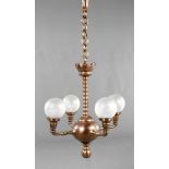 Deckenlampe um 1930, Bronze massiv, bräunlich patiniert, Balusterschaft mit vier Leuchterarmen,