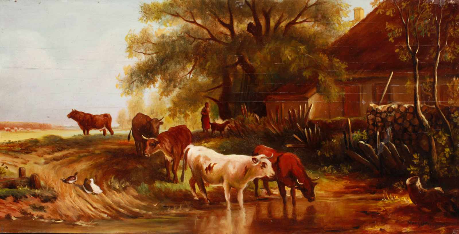 Georg Marschall, Kühe an der Tränke sommerlicher Blick auf ein Bauerngehöft mit Kühen, Enten,