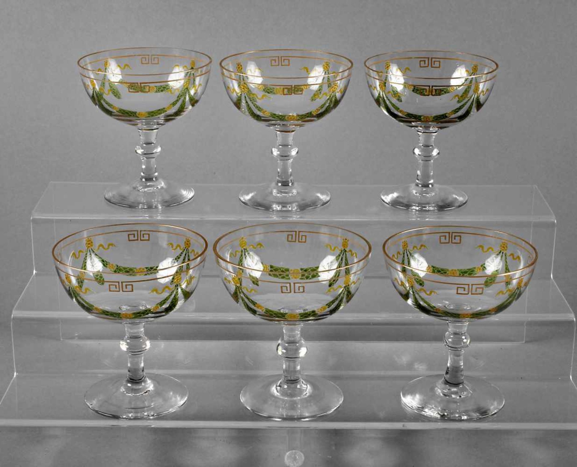 Sechs Sektschalen Theresienthal um 1907, Dekor 1972, farbloses Glas, Scheibenfuß, kurzer