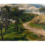 Expressive Landschaft "Höfenweg" satte sommerliche Landschaft, mit Weg und Baumplantage, bei