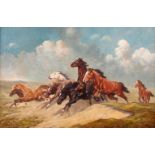R. Matthes, galoppierende Pferde wild durch eine Dünenlandschaft galoppierende Herde, mit wehenden