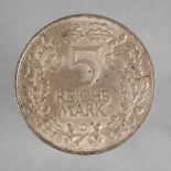 5 Mark 1925 1000 Jahre Rheinlande, Mzst. D, 500er Silber, fast vz, mit Umlaufspuren am Rand, G ca.