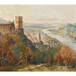 Horst Miesler, "Heidelberger Schloss" Blick vom herbstlich bewaldeten Hang des Königsstuhls, auf das