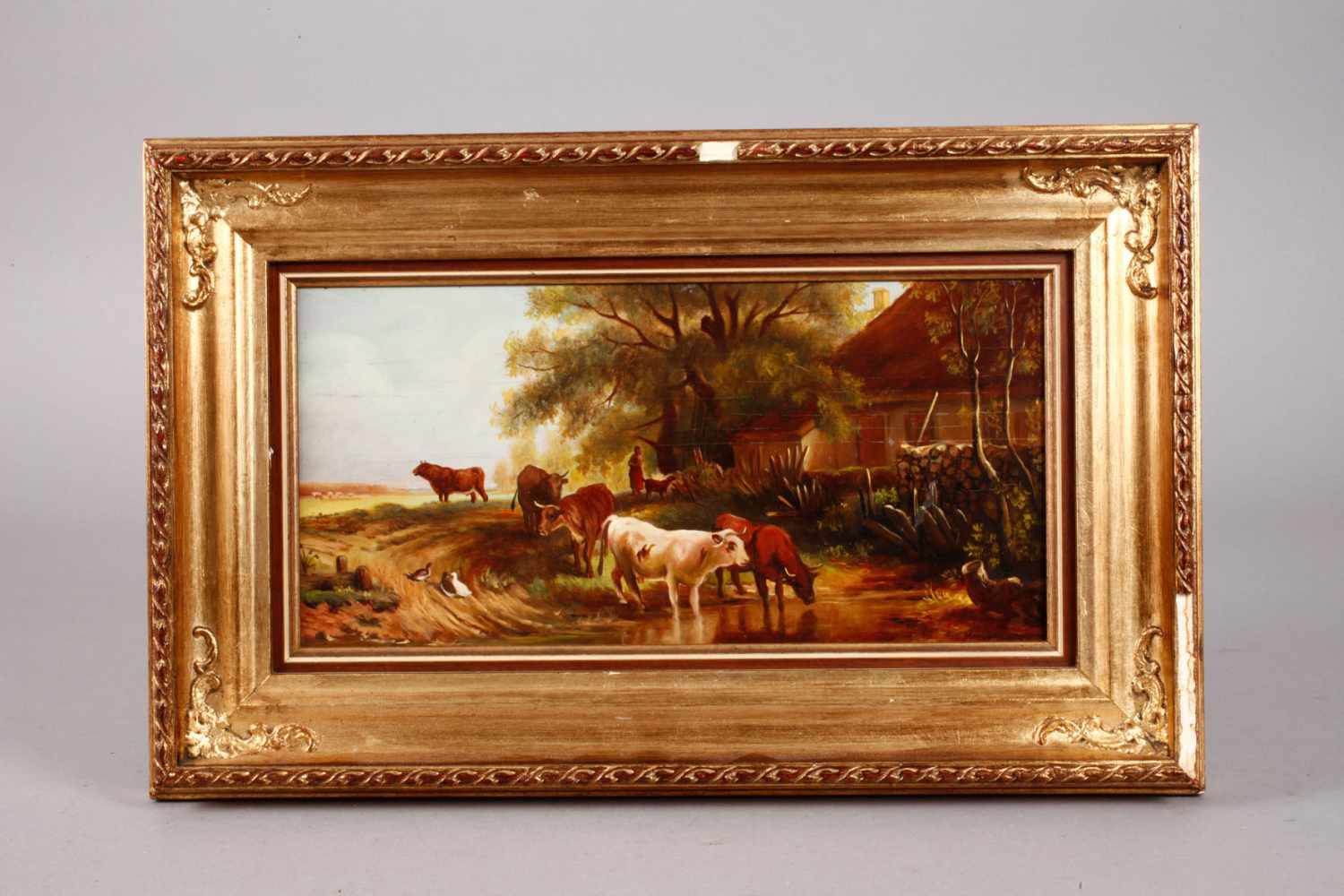 Georg Marschall, Kühe an der Tränke sommerlicher Blick auf ein Bauerngehöft mit Kühen, Enten, - Image 4 of 5