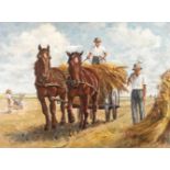 Pferdegespann in Erntelandschaft Bauern auf sonnigem Feld, beim Einbringen der Kornpuppen, minimal