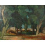 Josef Pieper, Sommerliche Parklandschaft umfriedeter Garten im Schatten mächtiger Laubbäume, minimal