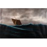 A. Zwiener, Segelschiff im Sturm von den tief schwarz-blauen Wogen droht ein kleines Segelschiff