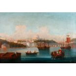 Ansicht Istanbul, Hafen mit Moschee sommerlicher Blick, über Boote und Schiffe hinweg, auf