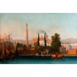 Ansicht Istanbul, Moschee am Wasser sommerlicher Blick, über Boote und Schiffe hinweg, auf