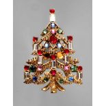 Hollycraft Brosche als Weihnachtsbaum 2. Hälfte 20. Jh., Reliefmarke, Messing vergoldet, besetzt mit