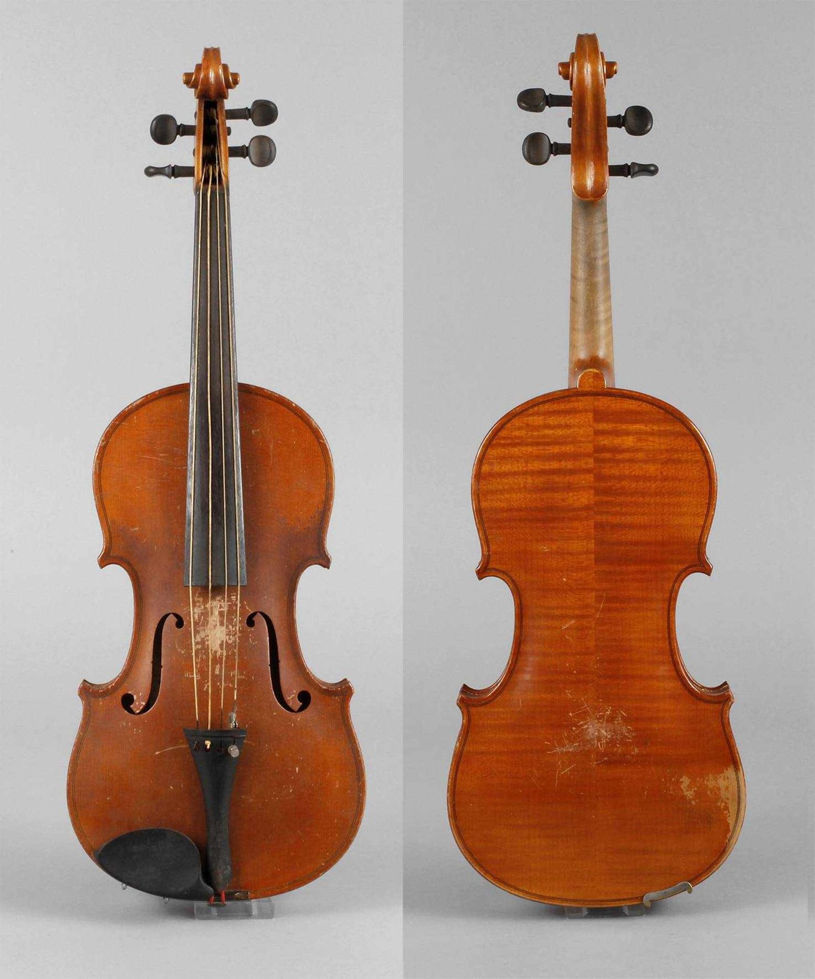 Violine im Etuium 1920, Modellzettel Joh. Bapt. Schweitzer, Hieronymo Amati, geteilter,