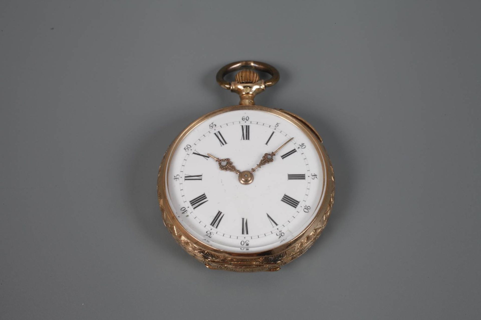 Hängeuhr Goldum 1880, guillochiertes Goldgehäuse gestempelt 585, Zylinderhemmung, makelloses - Bild 5 aus 5