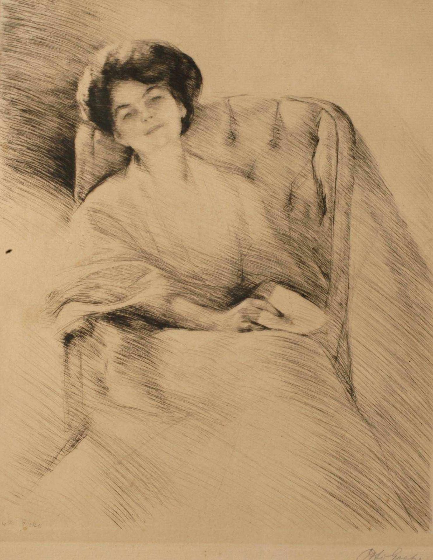 Otto Goetze, Sitzende Damejunge Frau, mit Brief in den Händen, im Fauteuil, fein impressionistisch