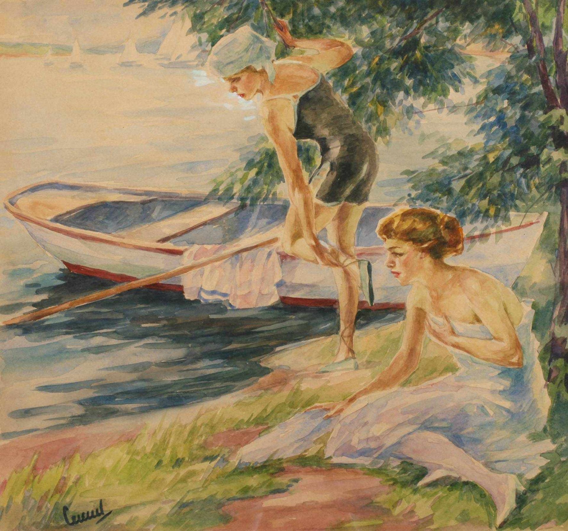 Edward Cucuel, "Hochsommer"zwei badende Mädchen, mit Kahn am sommerlichen Seeufer, über die