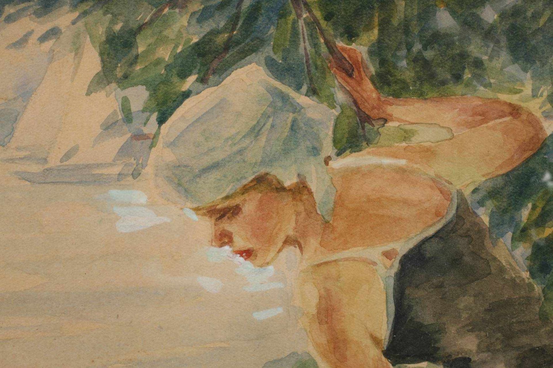 Edward Cucuel, "Hochsommer"zwei badende Mädchen, mit Kahn am sommerlichen Seeufer, über die - Bild 3 aus 4