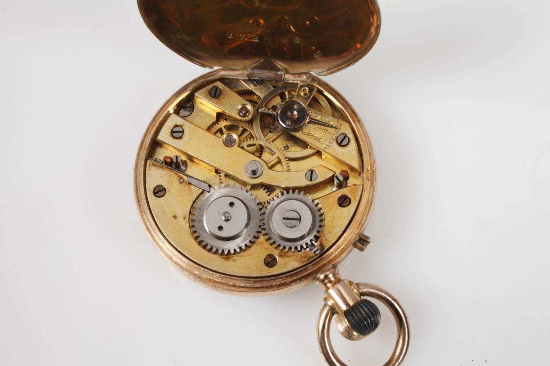 Hängeuhr Goldum 1880, gestempelt 14 K, guillochiertes, partiell schwarz emailliertes Gehäuse, - Bild 3 aus 4