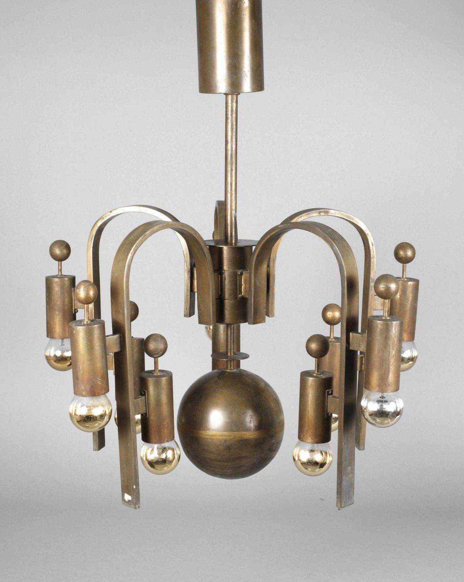 Deckenlampe Art Deco 1920er Jahre, Gestell aus Messing brüniert, massiver Balusterschaft mit fünf