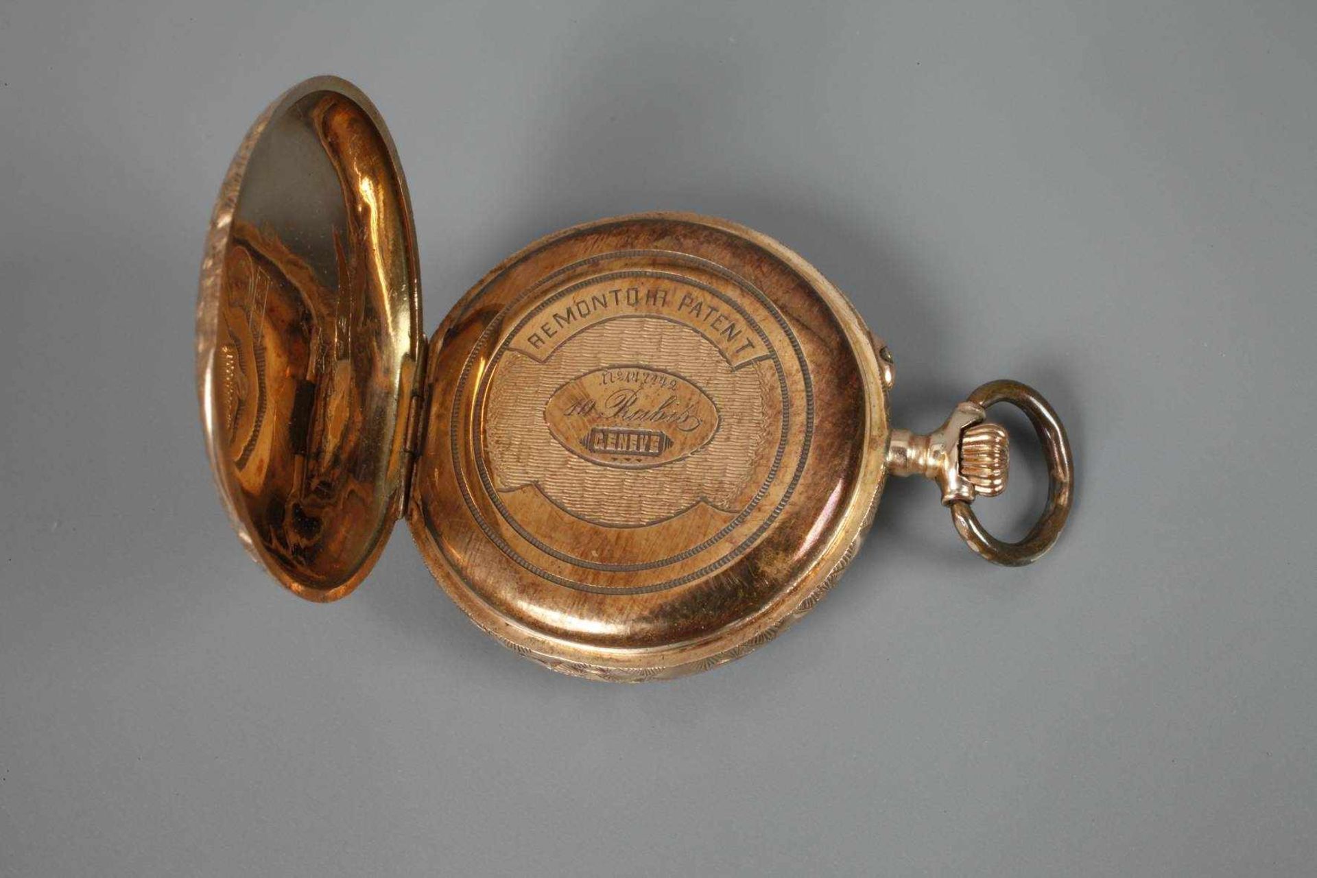 Hängeuhr Goldum 1880, guillochiertes Goldgehäuse gestempelt 585, Zylinderhemmung, makelloses - Bild 4 aus 5
