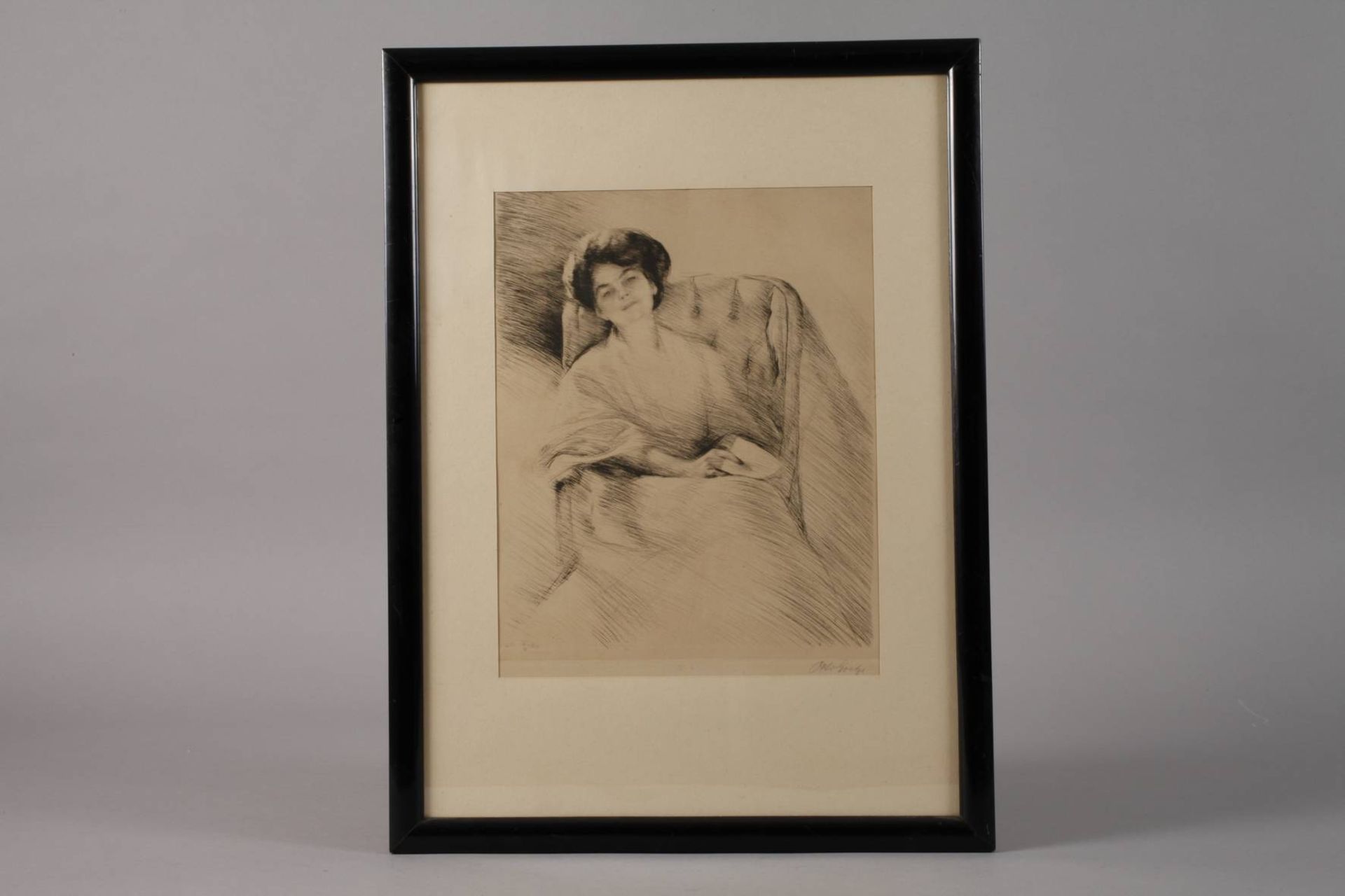 Otto Goetze, Sitzende Damejunge Frau, mit Brief in den Händen, im Fauteuil, fein impressionistisch - Bild 2 aus 3
