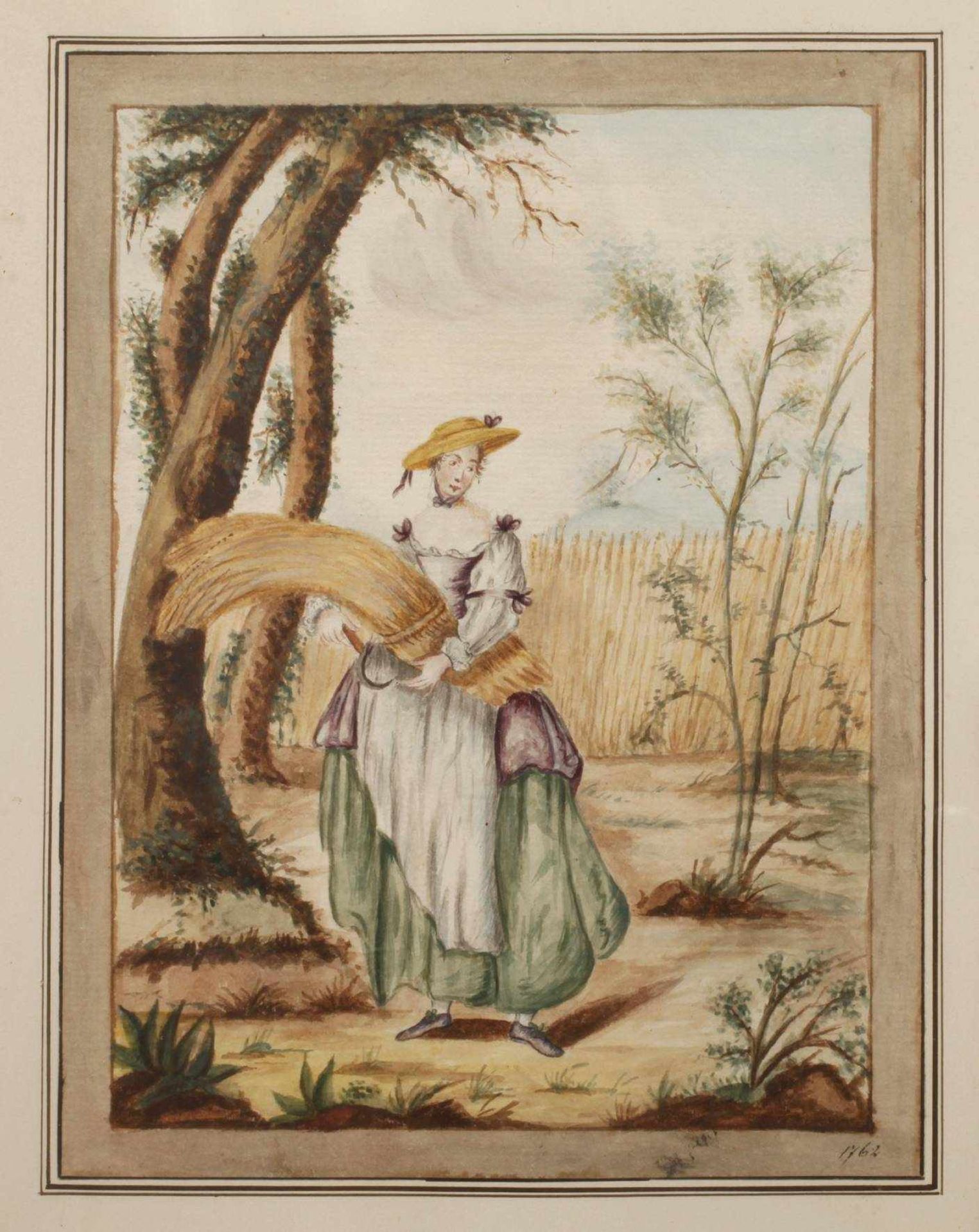Dame mit Ährenbündelaquarellierte Zeichnung im Stil eines Stammbuchblattes, datiert 1762,