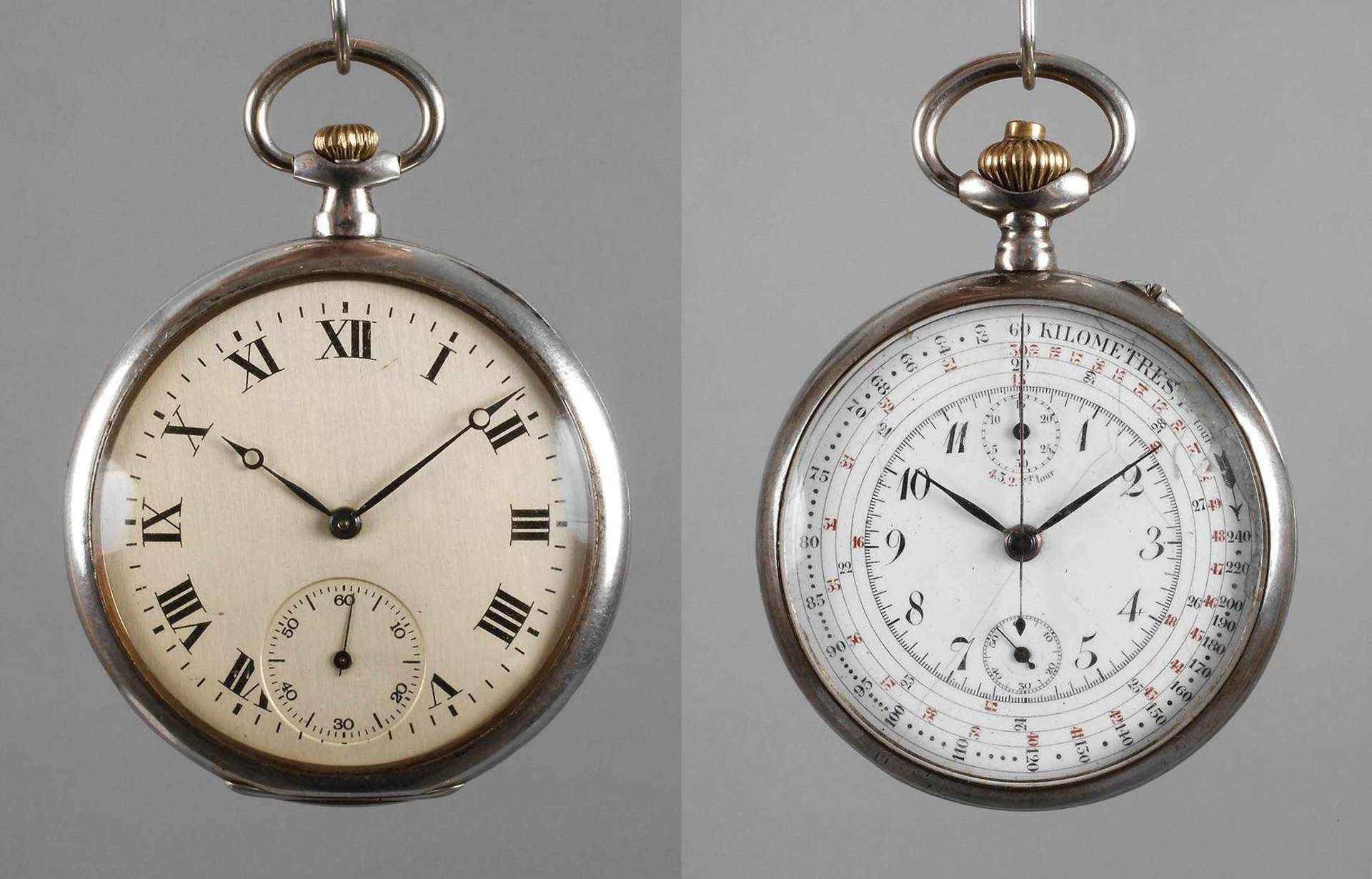 Zwei Taschenuhrenum 1900-1920, eine gemarkt Cristall, flaches Silbergehäuse mit großem Monogramm,