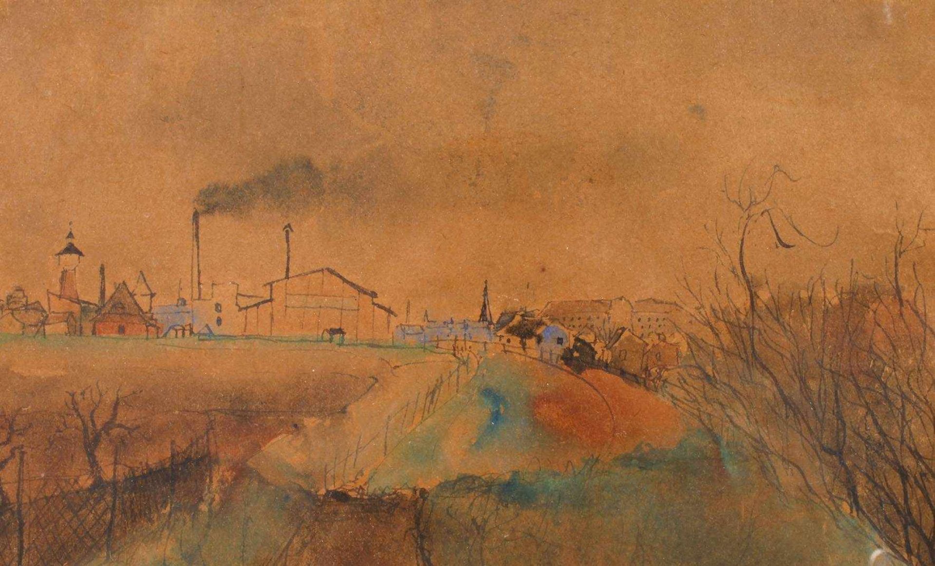 L. Hofer, Stadtansichtfrühlingshafter Blick auf Industrie am Stadtrand, Mischtechnik (Aquarell