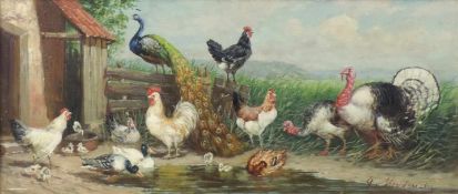 Franz VON HENDERICHS (XIX - XX). Buntes Federvieh. 21 cm x 49 cm. Gemälde. Öl auf Platte. Unten
