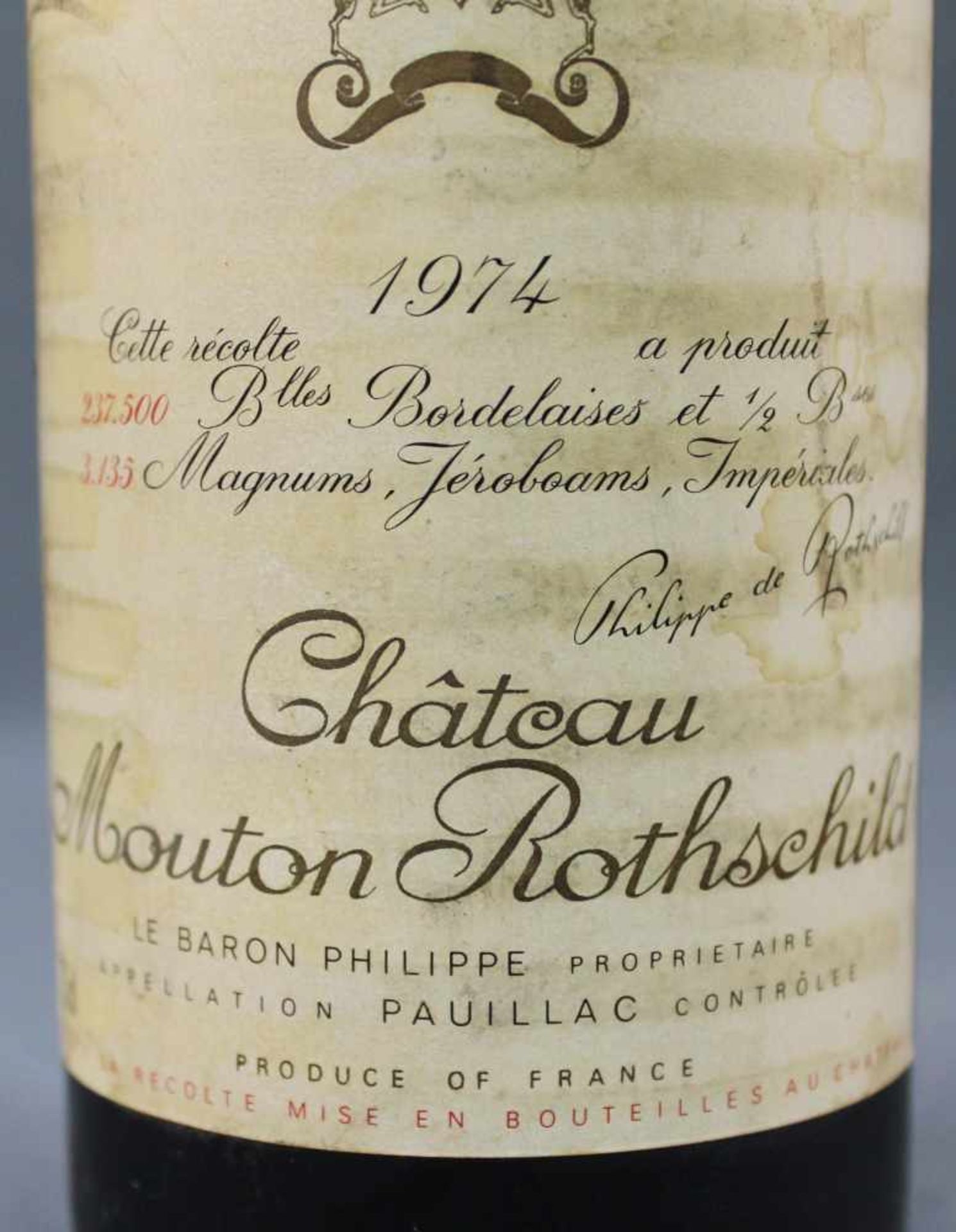 Chateau Mouton Rothschild, 1974. Grand Cru Classé. Eine ganze Flasche. Bordeaux. Rotwein. - Bild 3 aus 6