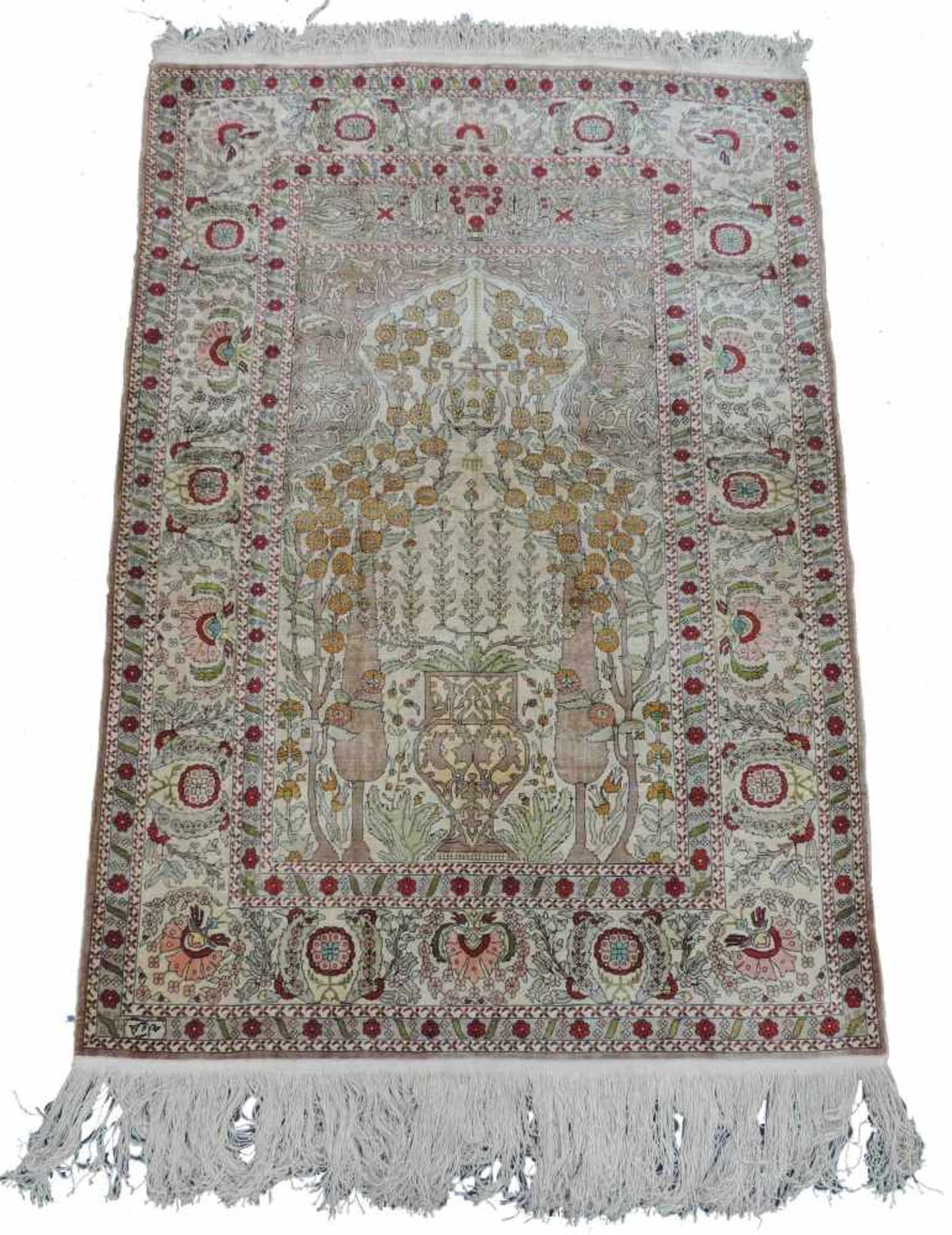 Hereke Gebetsteppich signiert. Seide auf Seide. Türkei. 155 cm x 106 cm. Orientteppich,