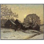 Hermann BAHNER (1867 - 1938). Holzsammlerin spät abends im Winterdorf. 42 cm x 52 cm. Gemälde. Öl