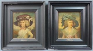 Franz VON HENDERICHS (XIX - XX). 2 Portraits. Damen mit Hut. 25 cm x 21 cm. Gemälde. Öl auf Holz.