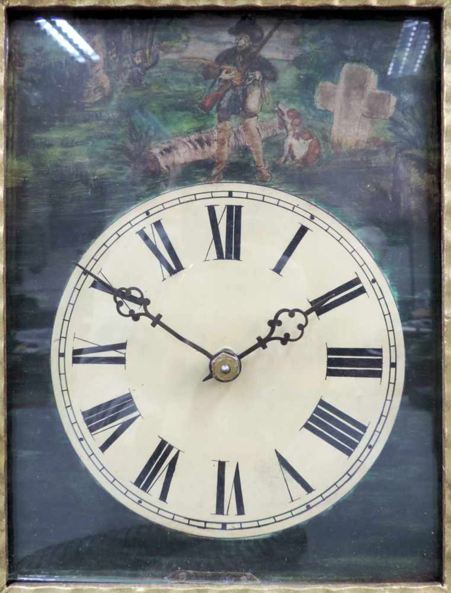 Hängeuhr, wohl 19. Jahrhundert. Jagdmalerei auf Glas. 44,5 cm x 29 cm. Clock. 44,5 cm x 29 cm. - Bild 3 aus 9
