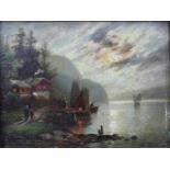 Arnold FORSTMANN (1842- 1904/14). Blick auf einen Gebirgssee. 15 cm x 20 cm. Gemälde. Öl auf Holz.