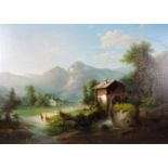 Cölestin BRÜGNER (1824 - 1887). Mühle in den Alpen. Wohl Schweiz. 70 cm x 98 cm. Gemälde. Öl auf