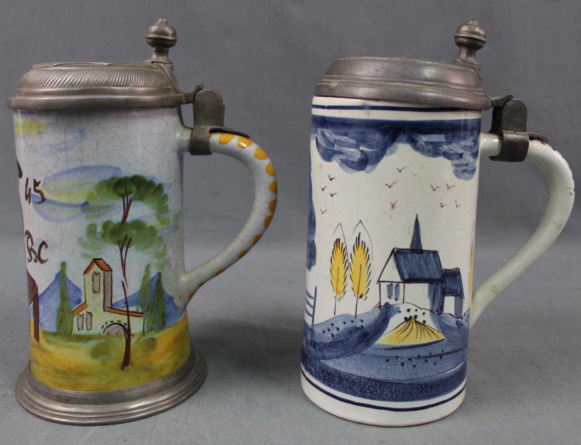 2 Walzenkrüge. Einer "Flötenspiel", der andere "weite Landschaft". Bis 25 cm hoch. 2 jugs. One " - Bild 5 aus 6